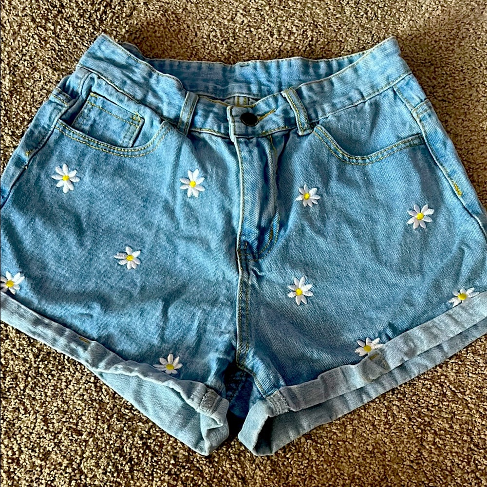 SHEIN Blue Jean Shorts with Daisy Embroidery